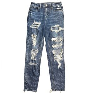 American Eagle Outfitters AEO Distressed Destroyed Mom Jeans Blue Size 4 Stretch